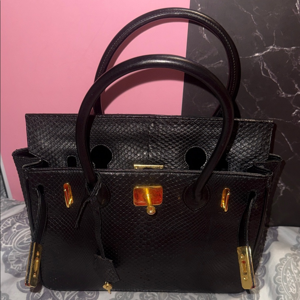 Structured Black Leather Satchel with Gold-Tone Hardware snake skin - Picture 16 of 16